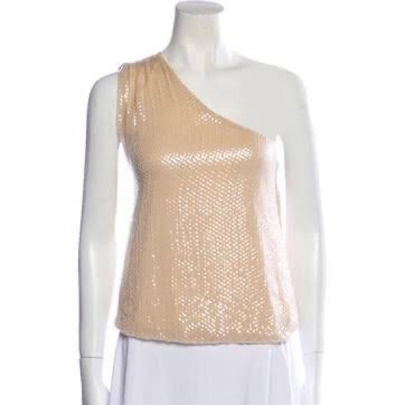 Alice + Olivia Sasha One Shoulder Sequin Neutral Cream Silk Top Small - Picture 6 of 6